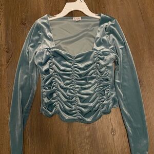 love, Fire Sky Blue Velvet Ruched Blouse